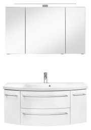 Frontale Ansicht einer dreiteiligen Badkombination mit Spiegelschrank und Waschbeckenunterschrank in modernem Design.