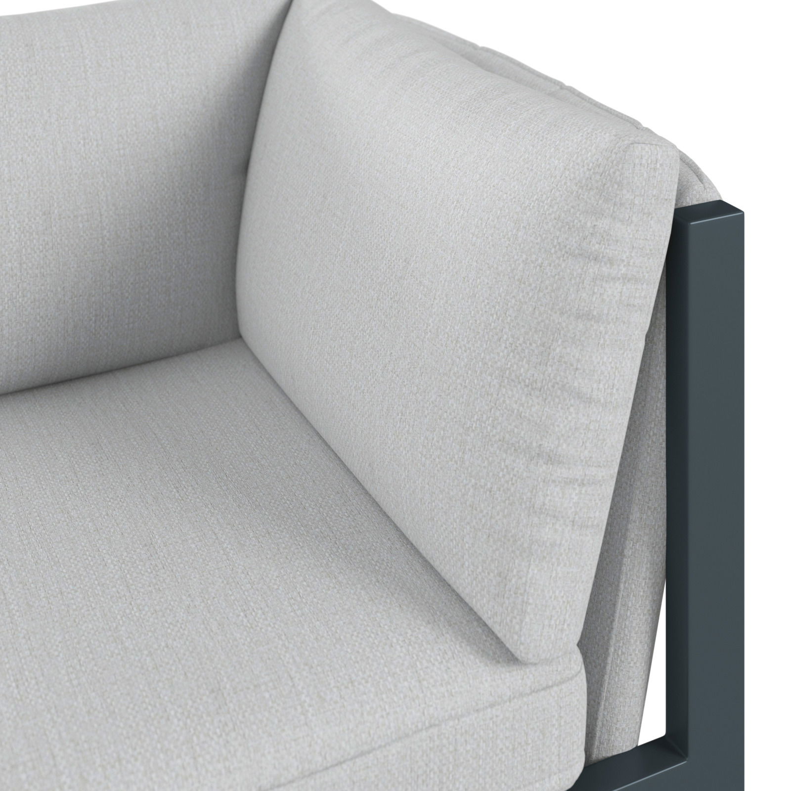 Nahaufnahme eines Lounge-Ecksofas mit hellgrauem Stoffbezug und dunklem Metallrahmen, Perspektive von oben.