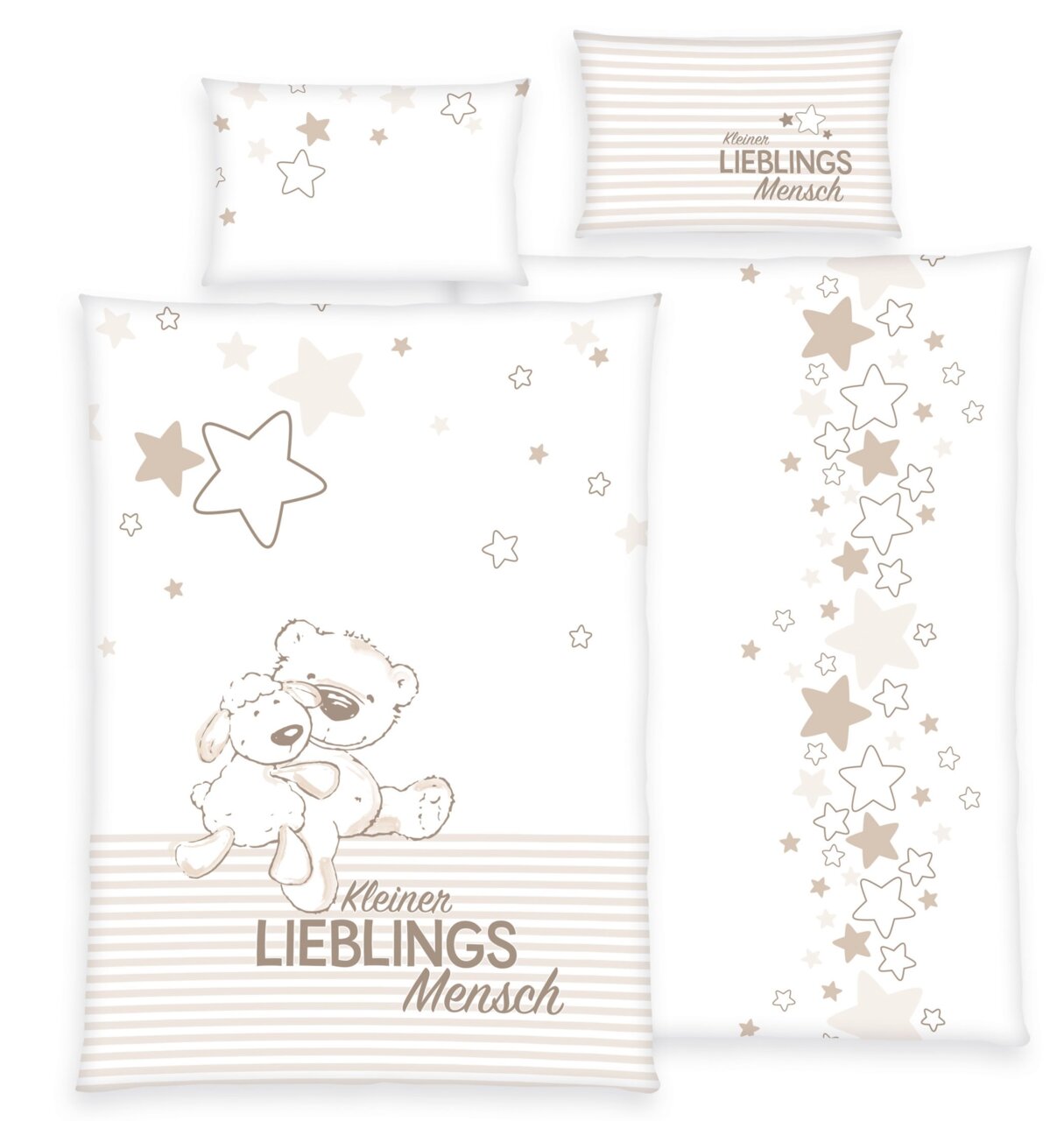 Renforcé-Bettwäsche-Set mit Bär- und Schafmotiv, umgeben von Sternen, in sanften Beige- und Weißtönen. Perspektive von oben.