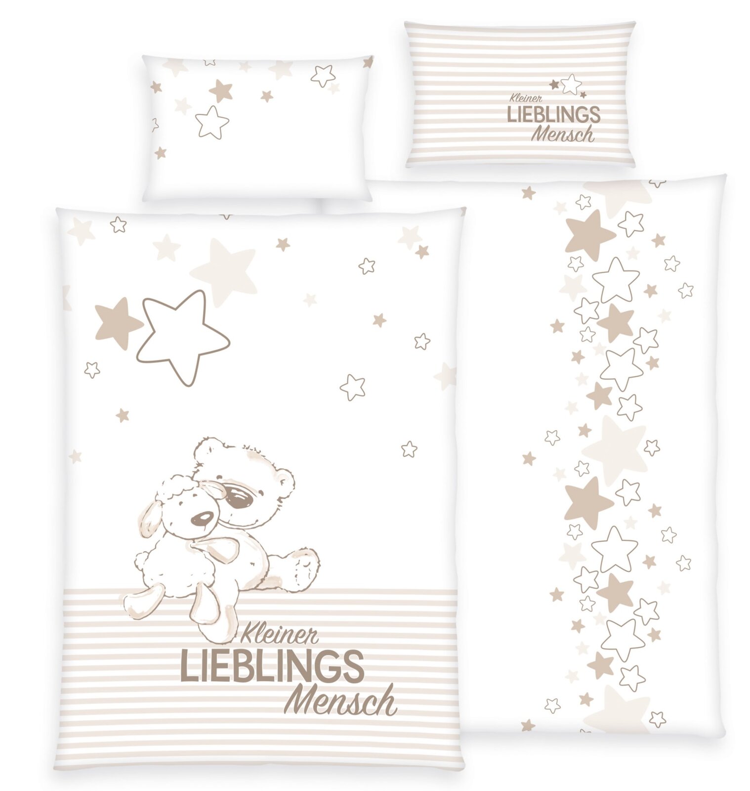 Renforcé-Bettwäsche-Set mit Bär- und Schafmotiv, umgeben von Sternen, in sanften Beige- und Weißtönen. Perspektive von oben.