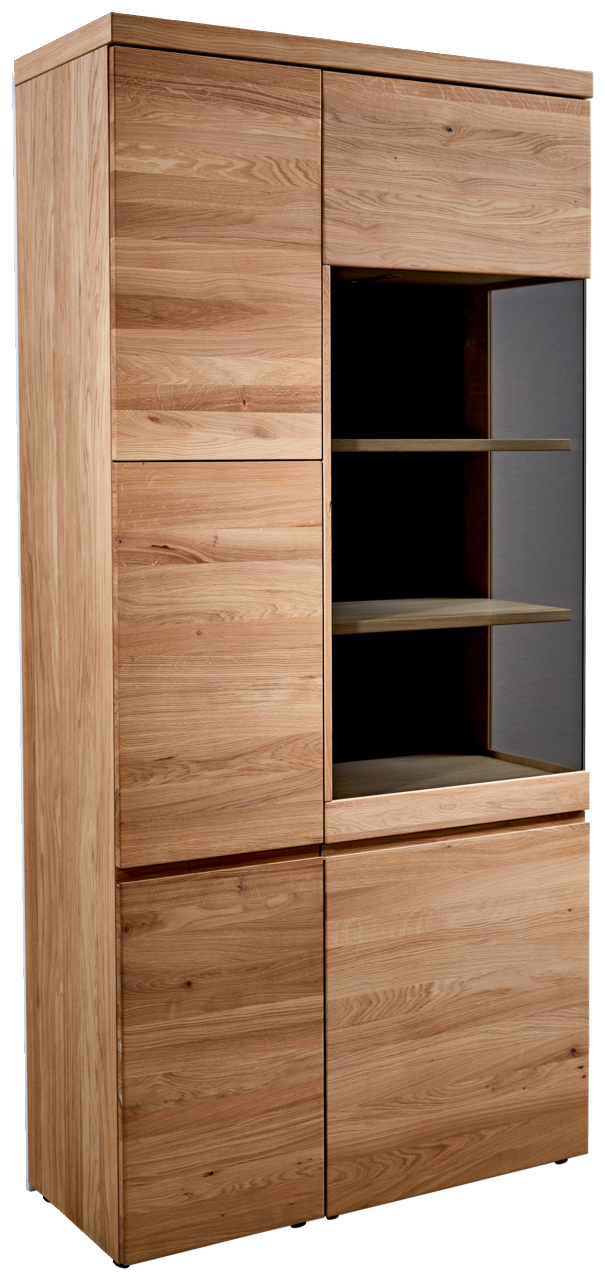 Holzvitrine mit Glastür und Regalböden, seitliche Perspektive