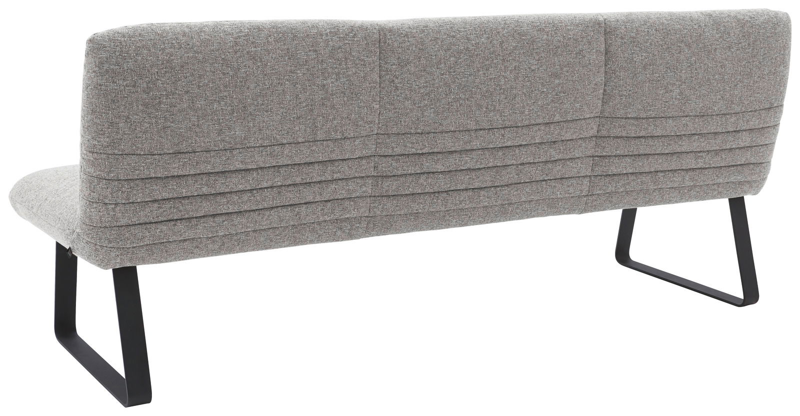 Rückansicht einer grauen Sitzbank mit modernem Design und schwarzen Metallbeinen.