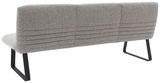 Rückansicht einer grauen Sitzbank mit modernem Design und schwarzen Metallbeinen.