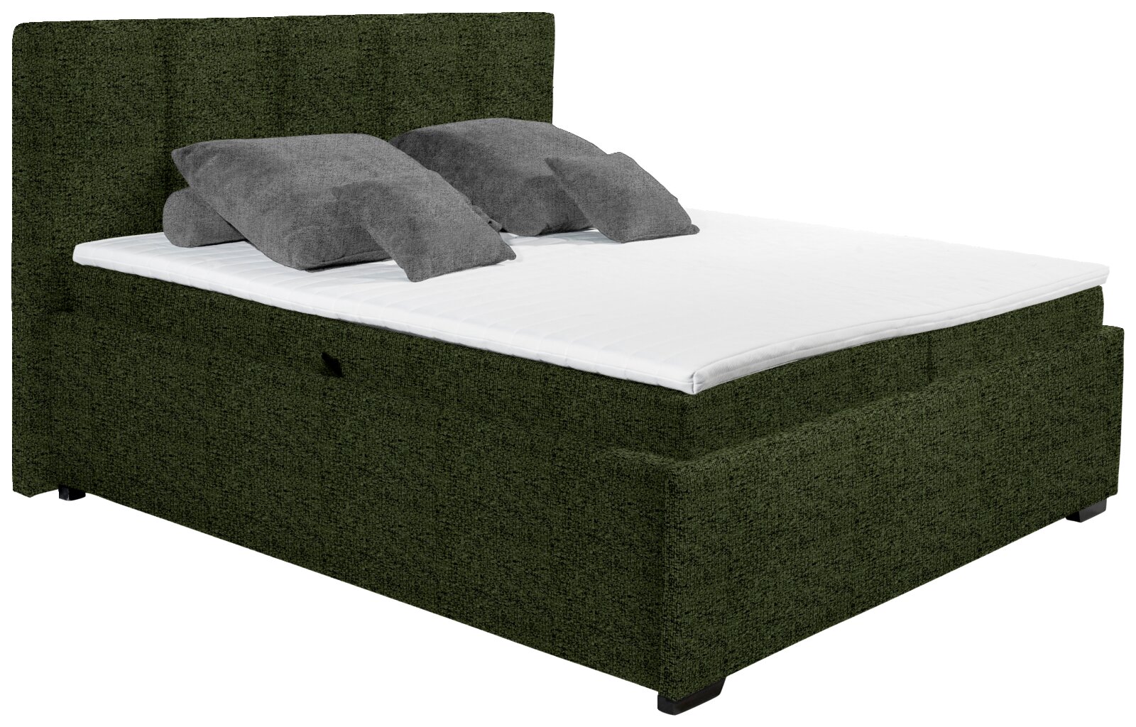 Groen boxspringbed met hoog hoofdeinde, zijaanzicht, voorzien van grijze kussens en een wit matras.