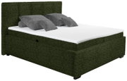 Groen boxspringbed met hoog hoofdeinde, zijaanzicht, voorzien van grijze kussens en een wit matras.