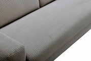 Nahaufnahme eines Funktionssofas mit geripptem Stoffbezug in Beige, seitliche Perspektive