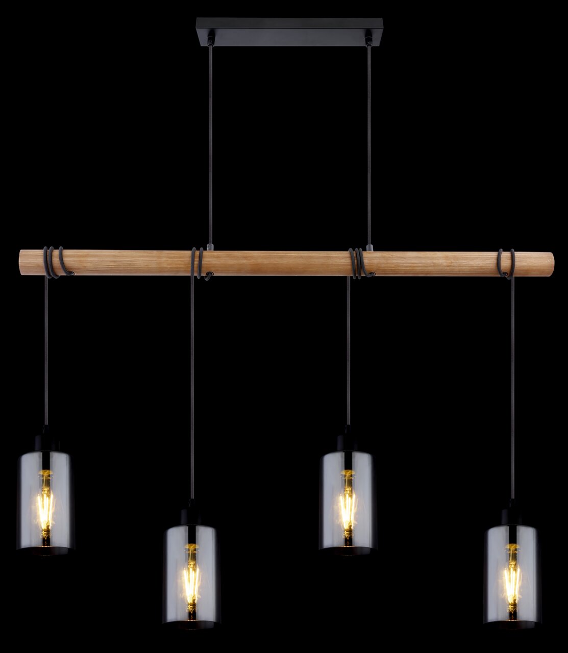 Moderne Hängeleuchte mit vier Glühbirnen, hängend an einem Holzstab, aus der Frontalperspektive.