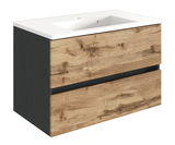 Moderner Waschplatz mit Holzoptik und zwei Schubladen, seitliche Perspektive