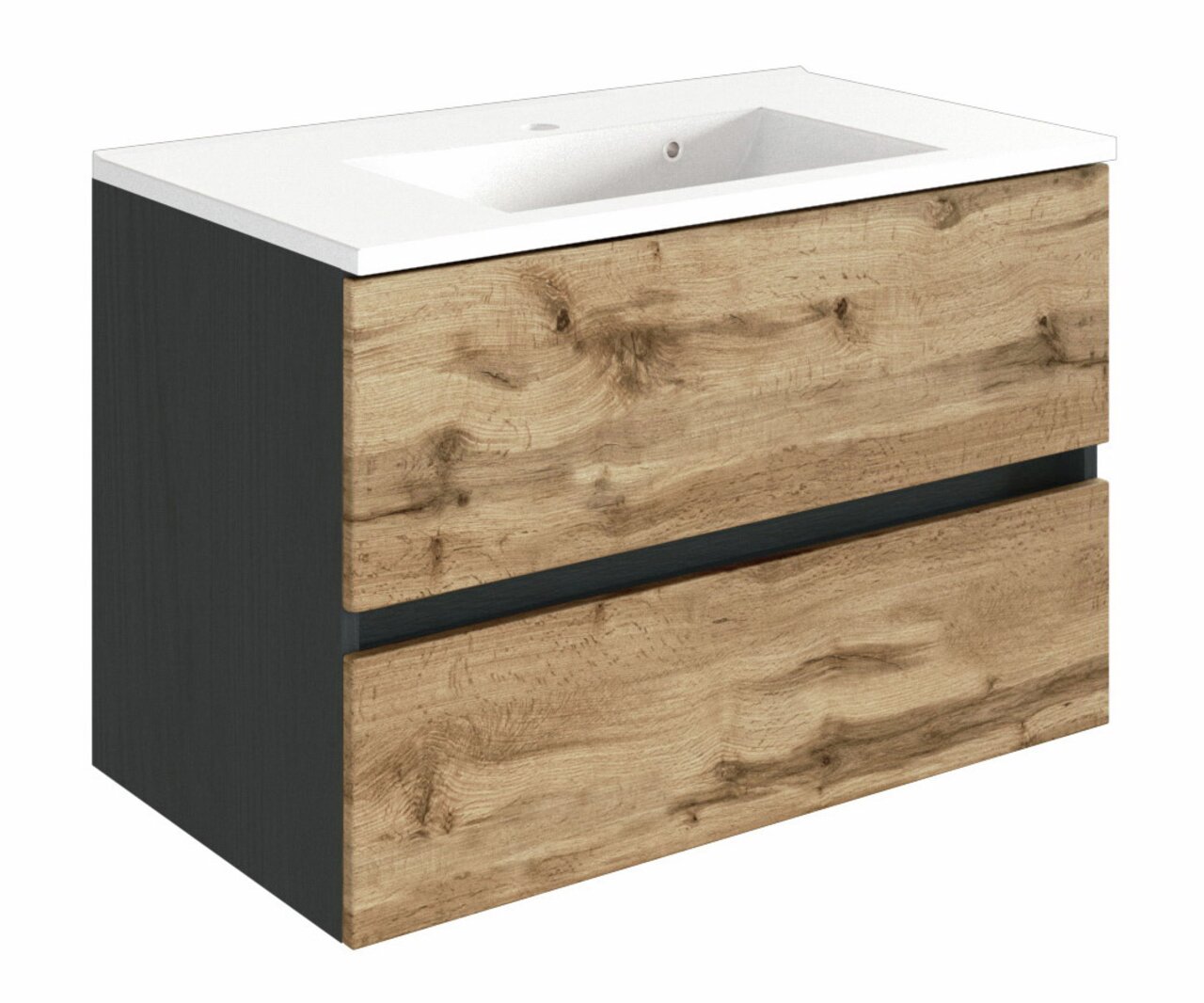 Moderner Waschplatz mit Holzoptik und zwei Schubladen, seitliche Perspektive