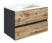 Moderner Waschplatz mit Holzoptik und zwei Schubladen, seitliche Perspektive