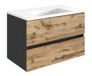 Moderner Waschplatz mit Holzoptik und zwei Schubladen, seitliche Perspektive