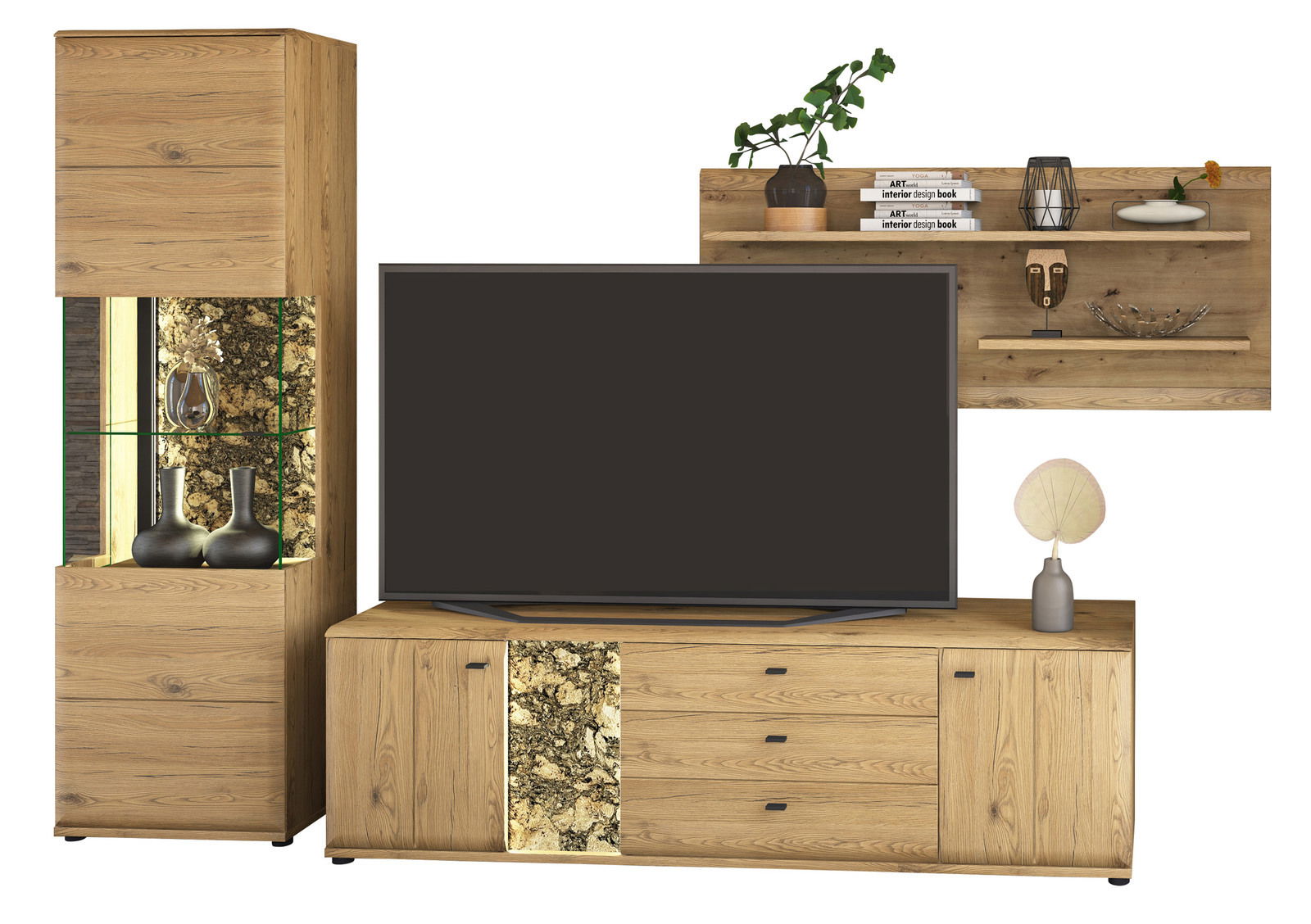 Frontale Ansicht der Cantus Wandkombination CALMERA mit Holzoptik, bestehend aus einem hohen Schrank mit Glaselementen, einem TV-Schrank und einem Wandregal mit Dekorationen.
