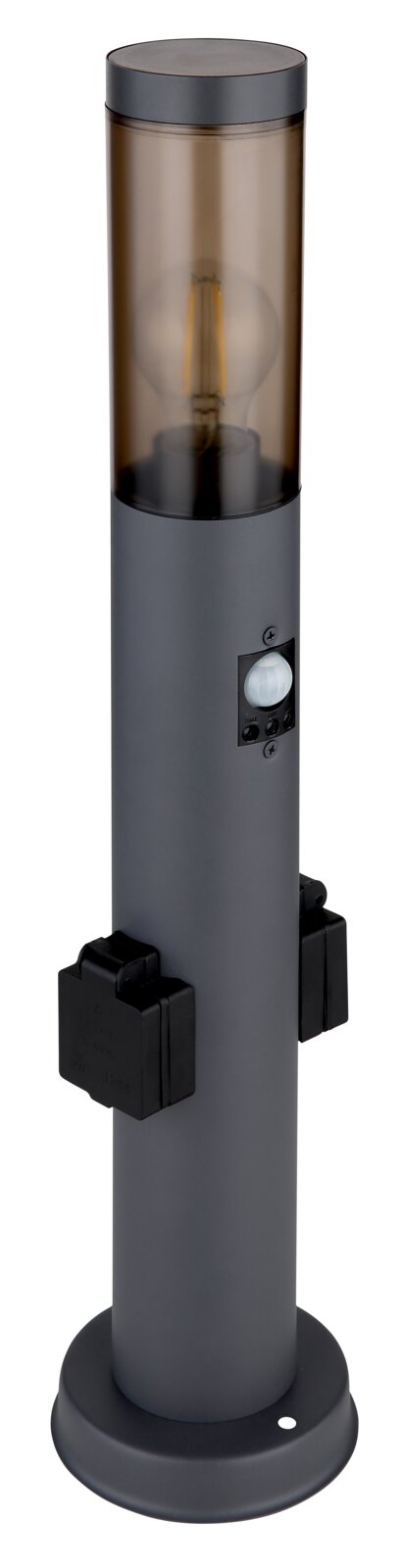 Moderne Außenleuchte in zylindrischer Form mit transparentem oberen Teil und integrierten Steckdosen, frontal abgebildet.