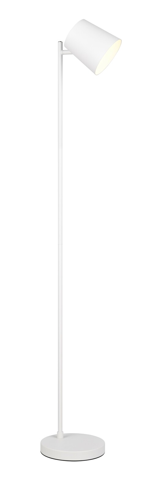 Weiße Akku-Stehleuchte BLAKE von Reality Leuchten, seitliche Perspektive, mit rundem Sockel und konischem Lampenschirm.