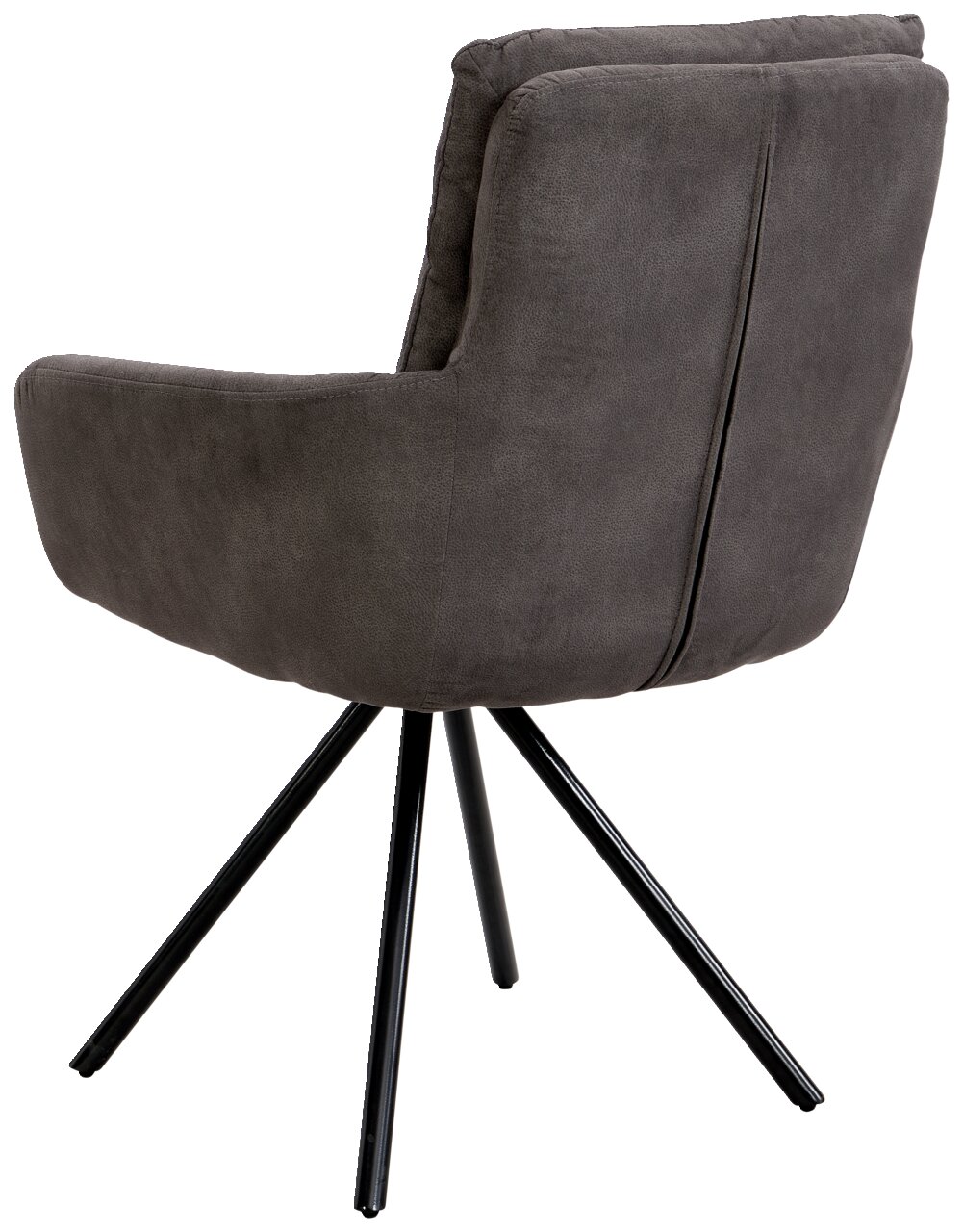 Rückansicht eines grauen Armlehnstuhls mit schwarzem Metallgestell und gepolsterter Rückenlehne.