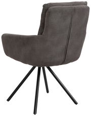 Rückansicht eines grauen Armlehnstuhls mit schwarzem Metallgestell und gepolsterter Rückenlehne.