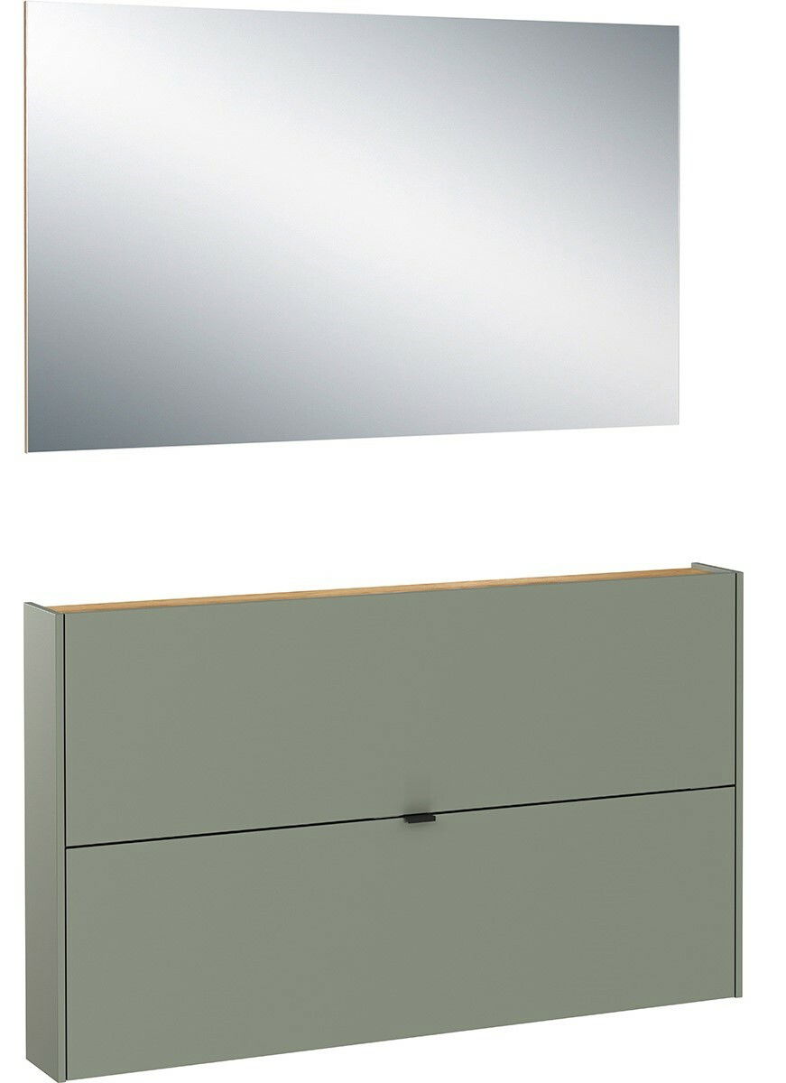 Garderobe Set 5 mit großem rechteckigem Spiegel und grünem Schrank, Frontalansicht