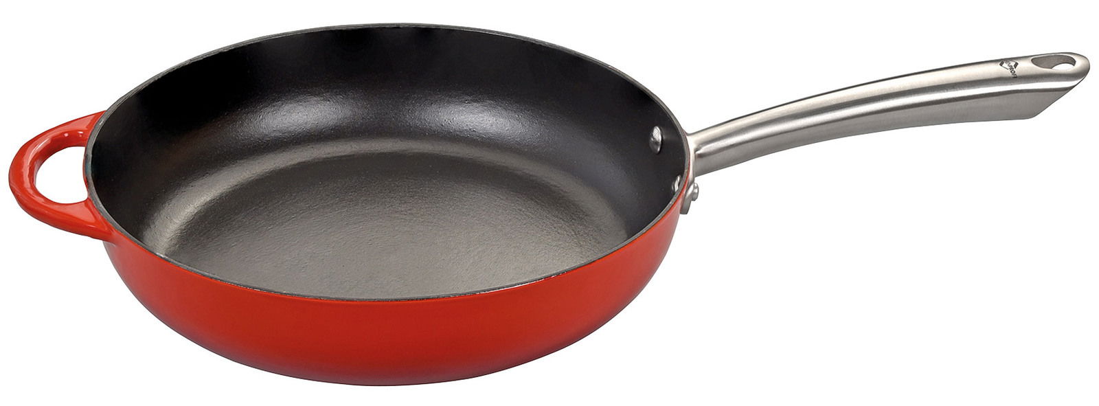Rote, hohe Bratpfanne mit Edelstahlgriff, seitliche Perspektive