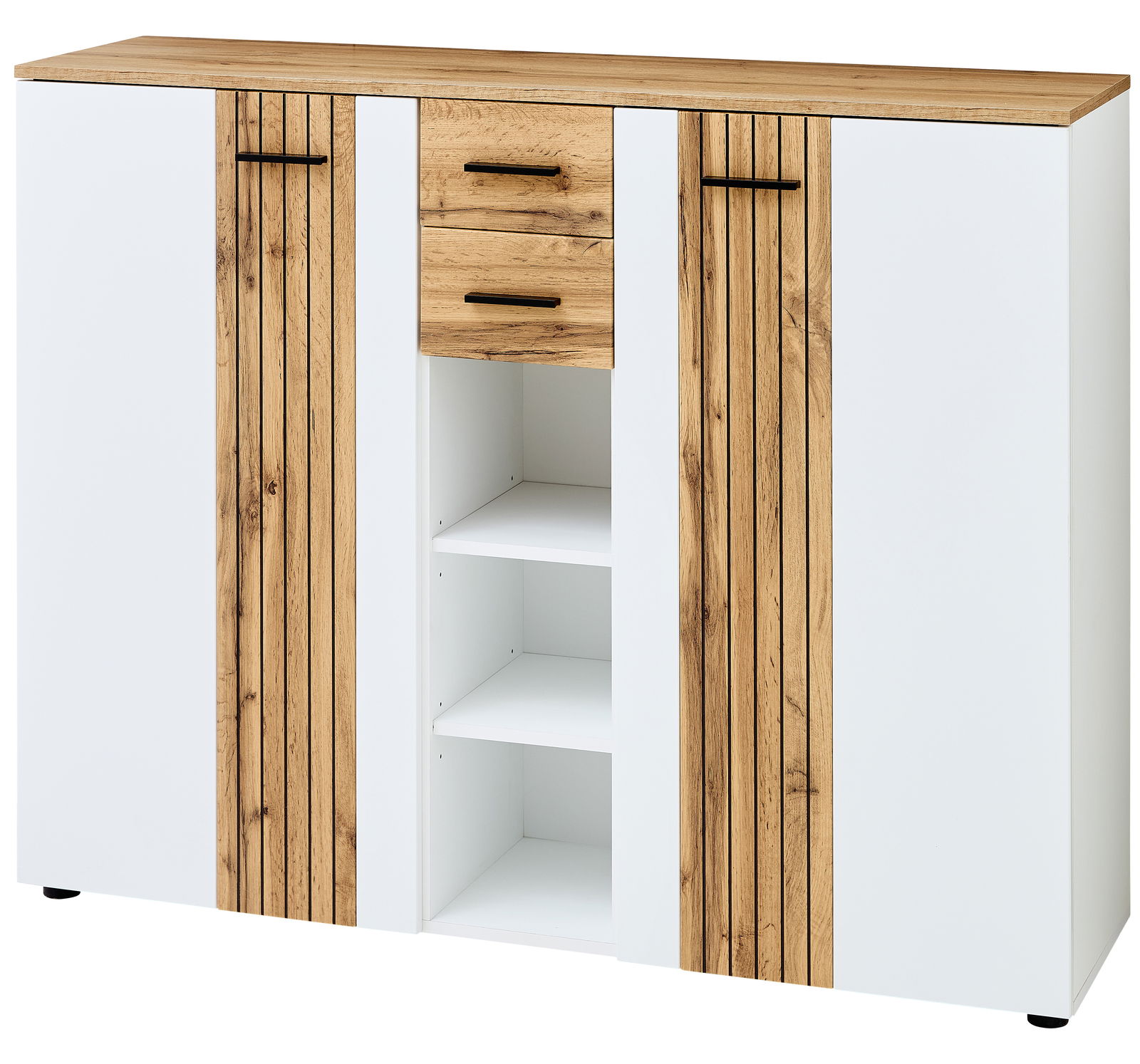 Moderner XL-Schuhschrank in Weiß mit Holzelementen, zwei Türen, zwei Schubladen und offenen Regalfächern, Frontalansicht