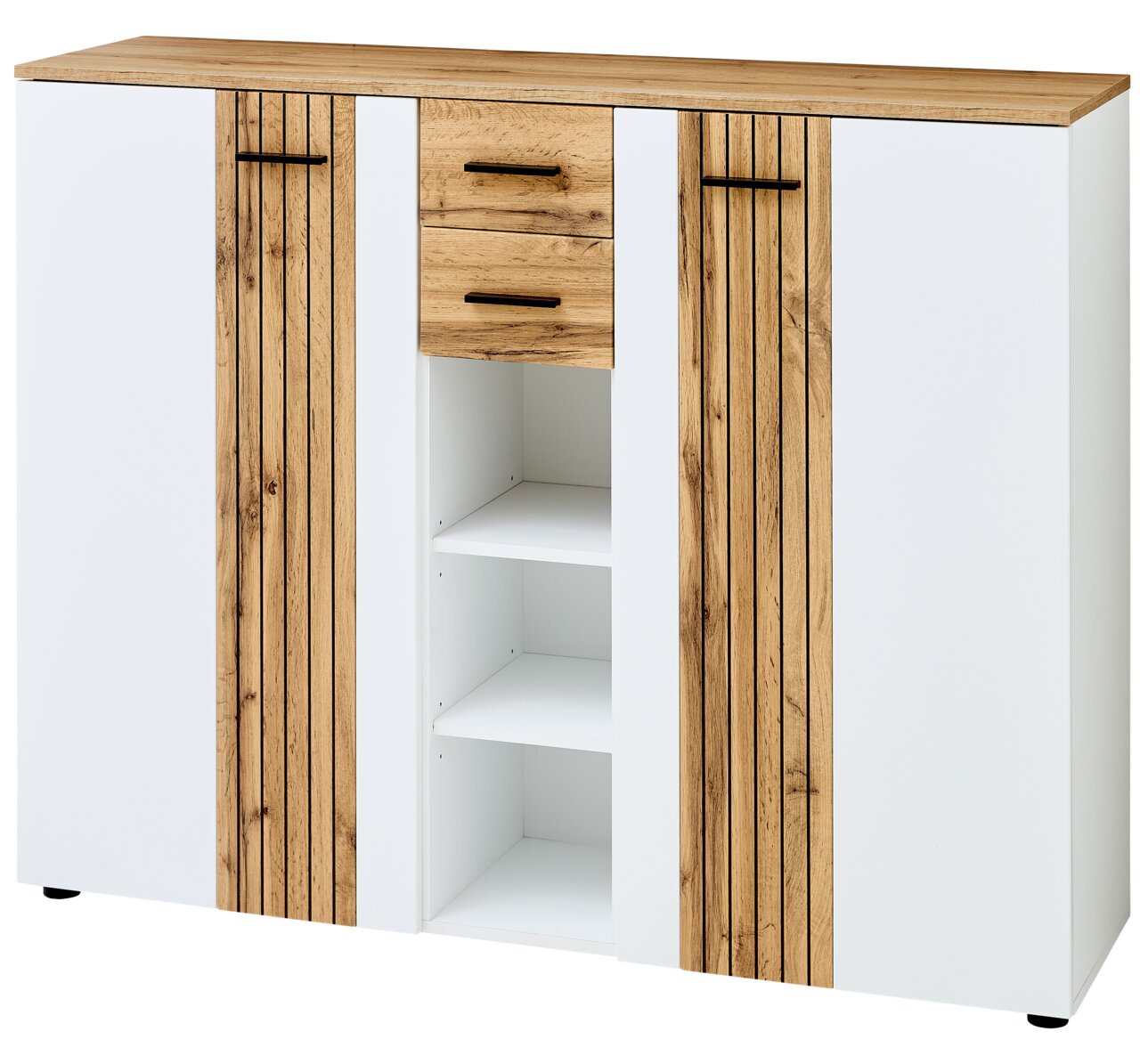 Moderner XL-Schuhschrank in Weiß mit Holzelementen, zwei Türen, zwei Schubladen und offenen Regalfächern, Frontalansicht