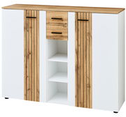 Moderner XL-Schuhschrank in Weiß mit Holzelementen, zwei Türen, zwei Schubladen und offenen Regalfächern, Frontalansicht