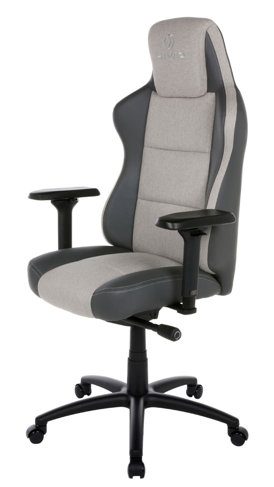 Seitliche Ansicht eines grauen Gaming-Stuhls mit verstellbaren Armlehnen und ergonomischem Design.