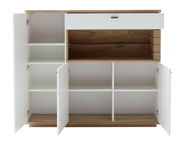 Frontale Ansicht des Highboards MANITOBA mit offenen Türen und Schublade, zeigt weiße und holzfarbene Elemente.