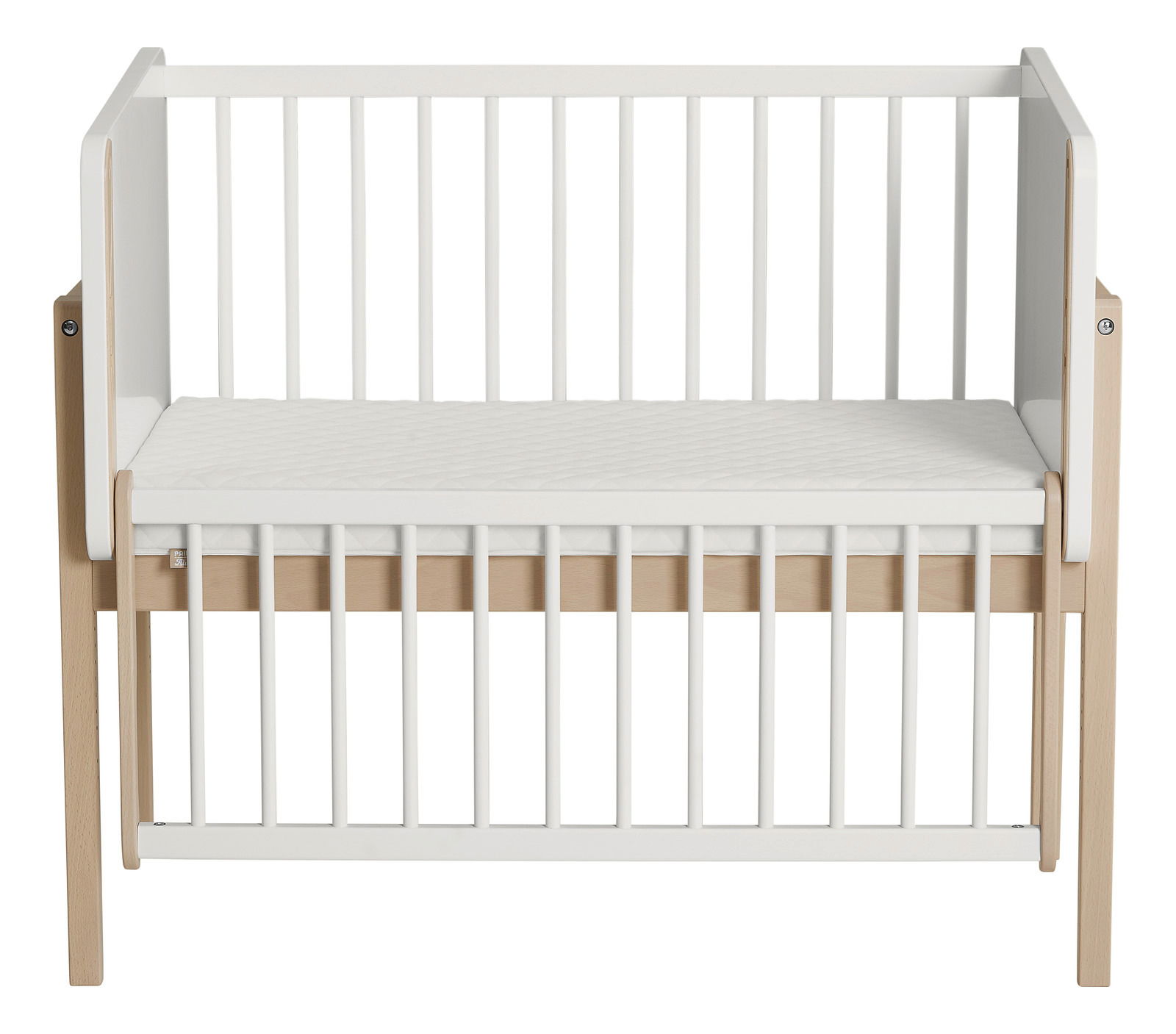 Anstellbett aus Holz mit weißem Gitter, Vorderansicht