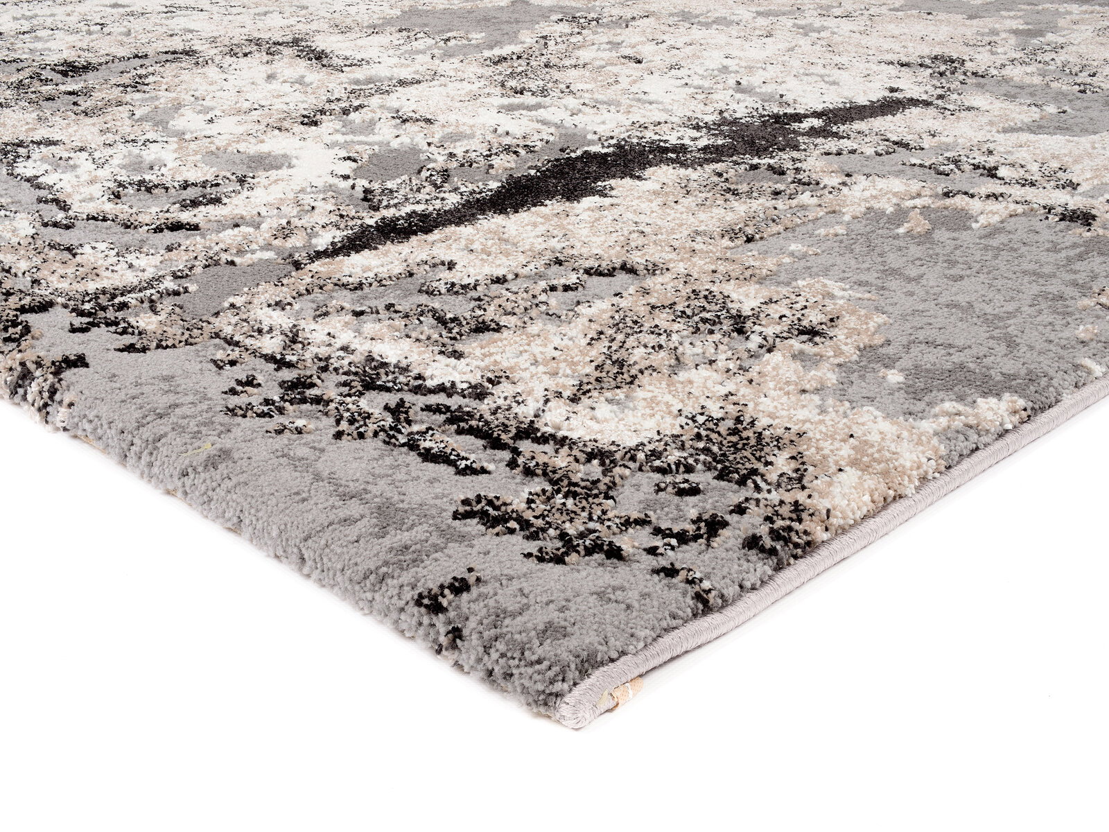 Designer Teppich in Grau- und Beigetönen mit abstraktem Muster, seitliche Perspektive