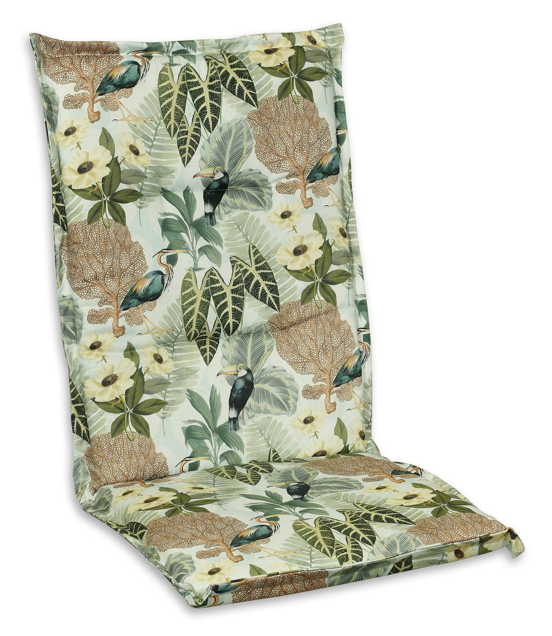 Hochlehnerauflage mit tropischem Muster, das Vögel und Blätter zeigt, aus einer leicht seitlichen Perspektive fotografiert.