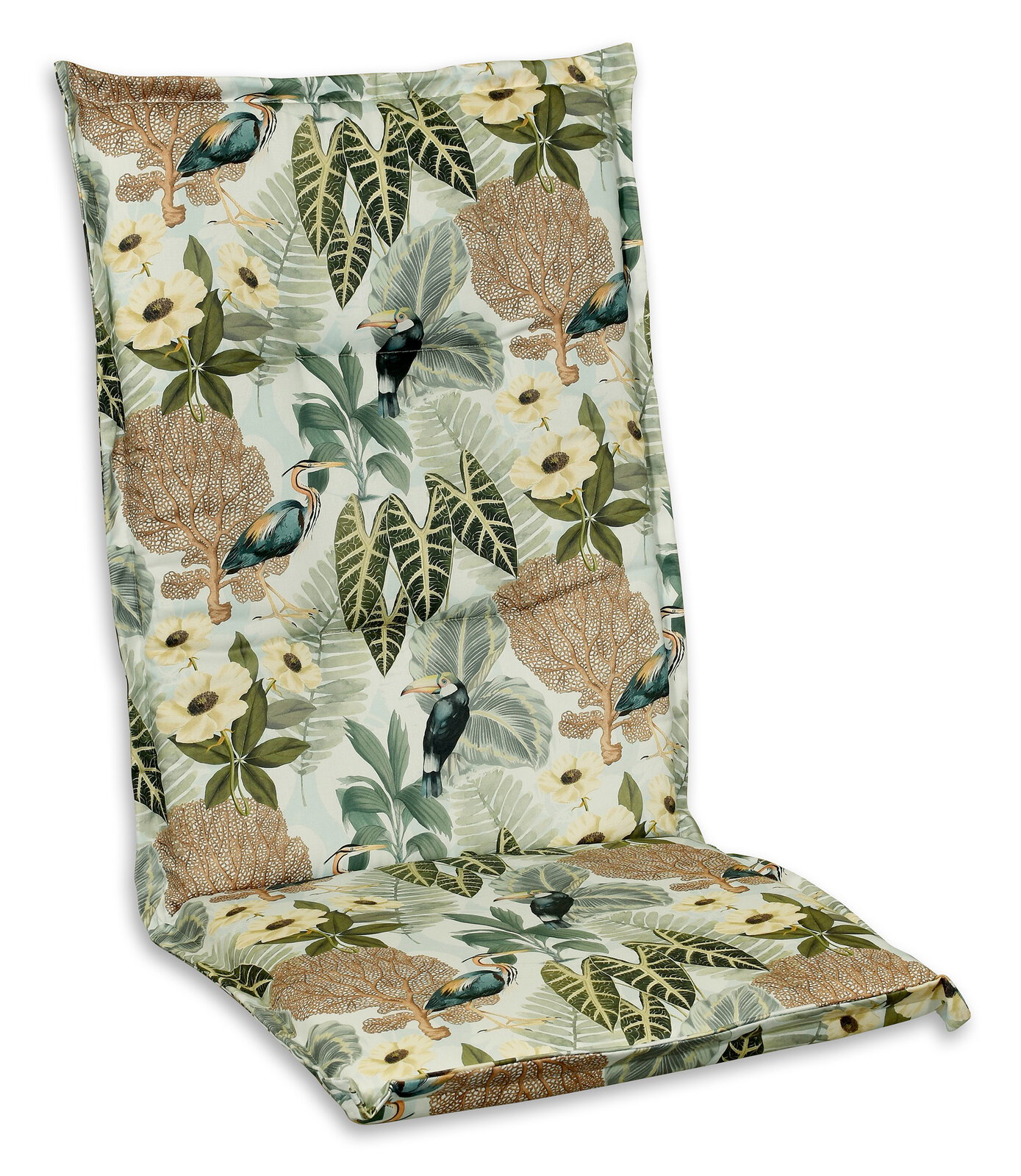Hochlehnerauflage mit tropischem Muster, das Vögel und Blätter zeigt, aus einer leicht seitlichen Perspektive fotografiert.