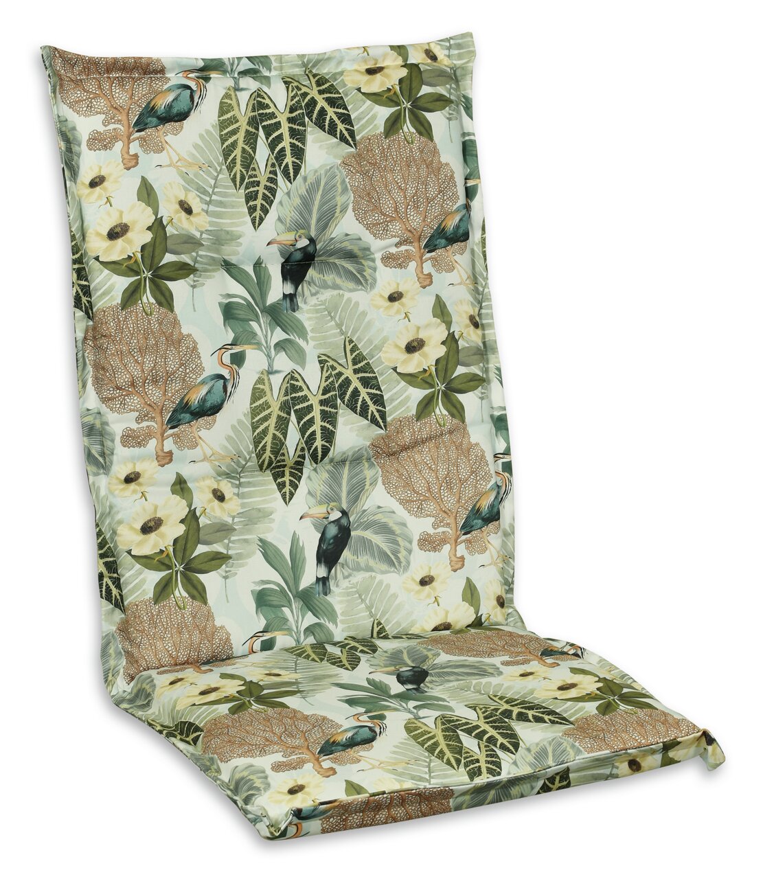 Hochlehnerauflage mit tropischem Muster, das Vögel und Blätter zeigt, aus einer leicht seitlichen Perspektive fotografiert.