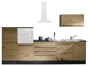 Küchenblock in Holzoptik mit Schränken, Arbeitsplatte, Spüle und Dunstabzugshaube, frontale Ansicht