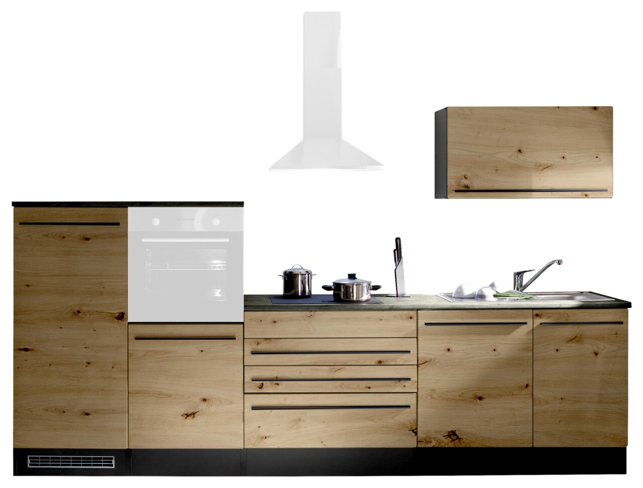 Yourkitchen Küchenblock 320 OHNE E-Geräte JAZZ Küchenblock in Holzoptik mit Schränken, Arbeitsplatte, Spüle und Dunstabzugshaube, frontale Ansicht