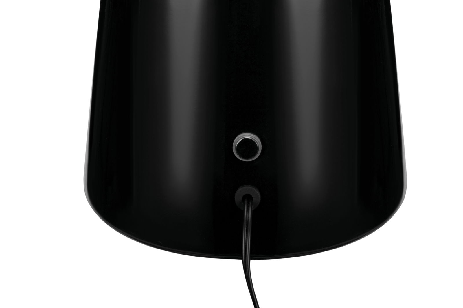 Nahaufnahme der Rückseite einer schwarzen LED-Tischleuchte mit Kabelanschluss und Schalter.