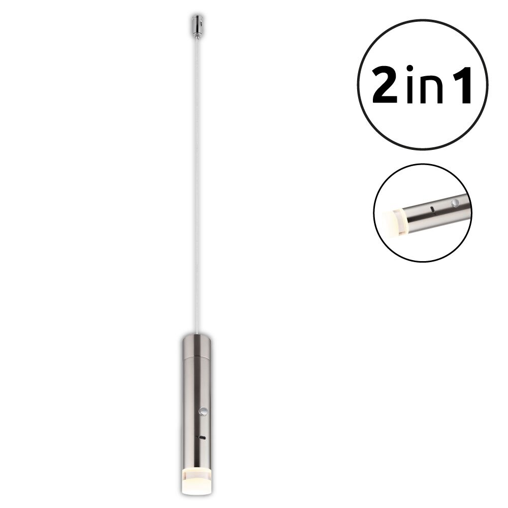 Moderne Akku-Pendelleuchte in zylindrischer Form, silberfarben, mit 2-in-1-Funktion, seitliche Ansicht.