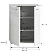 Moderner weißer Midischrank mit zwei offenen Türen, drei Regalfächern und klaren Linien, frontal abgebildet.