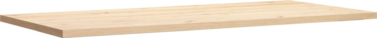 Holzfarbene Tischplatte in rechteckiger Form, seitliche Perspektive