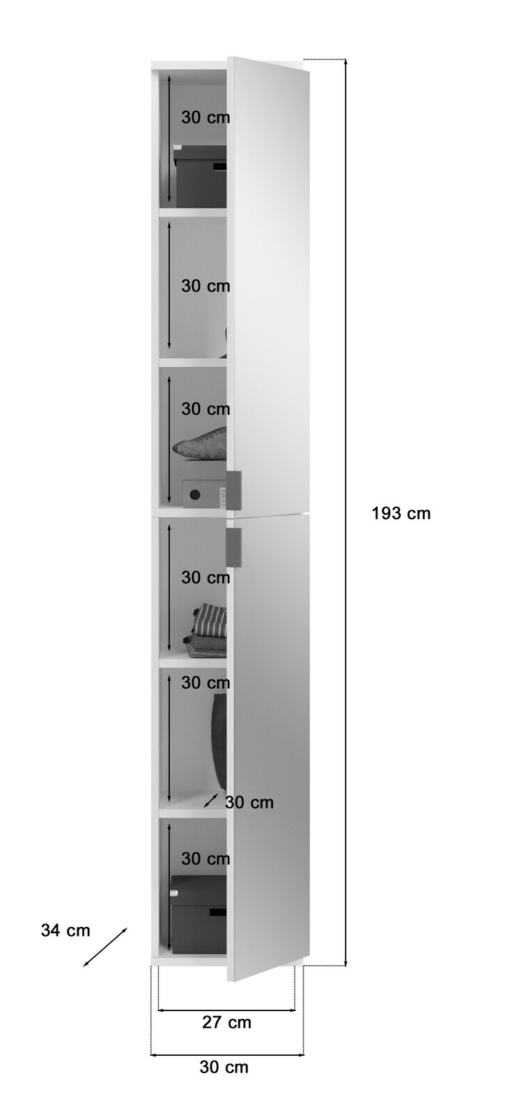 Schmale, hohe Garderobenkombination mit mehreren Fächern, teilweise geöffnet, seitliche Perspektive. Maße: 193 cm hoch, 30 cm breit, 34 cm tief.