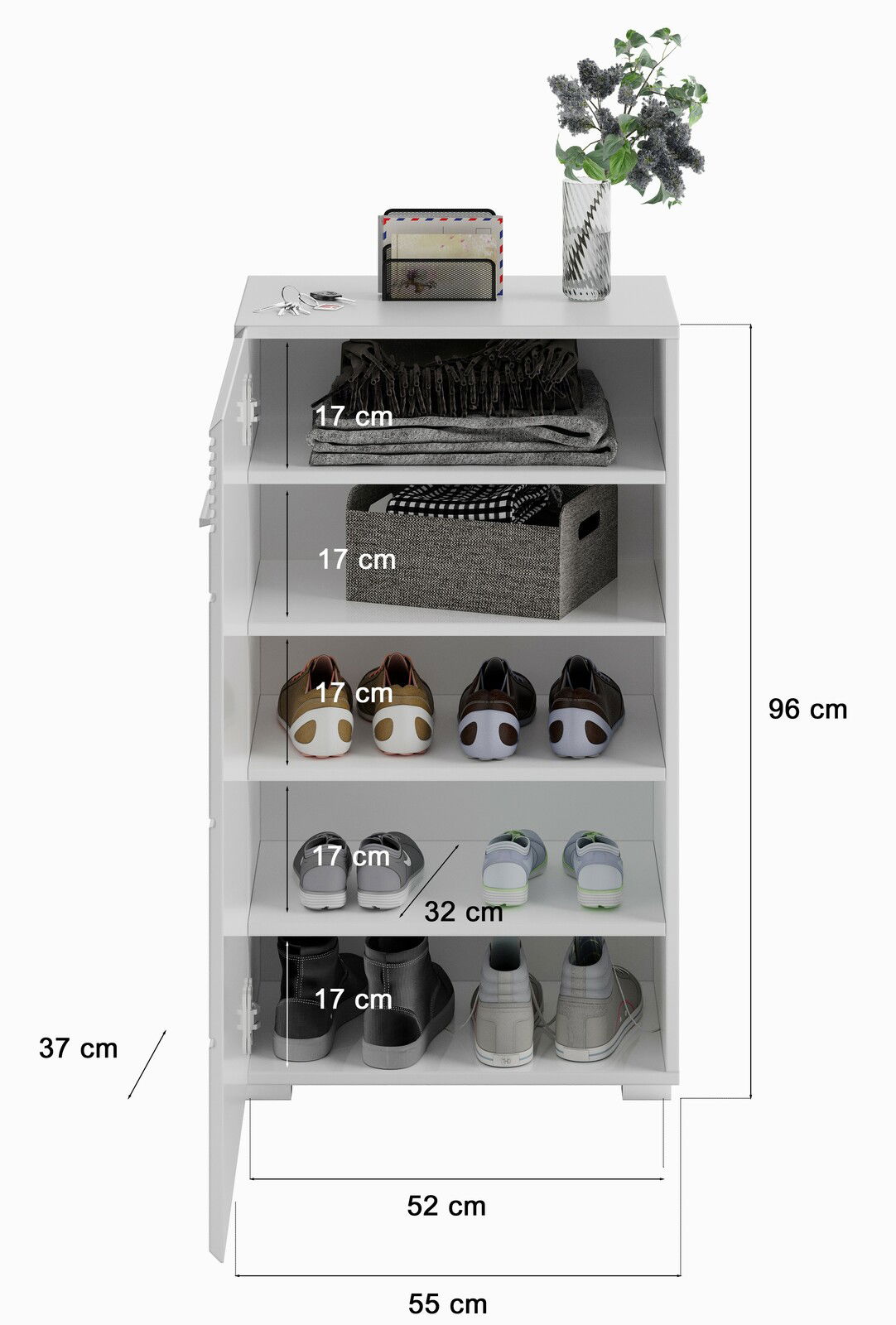 Garderobenkombination mit mehreren Regalfächern, gefüllt mit Schuhen, Kleidung und Accessoires, aus seitlicher Perspektive.