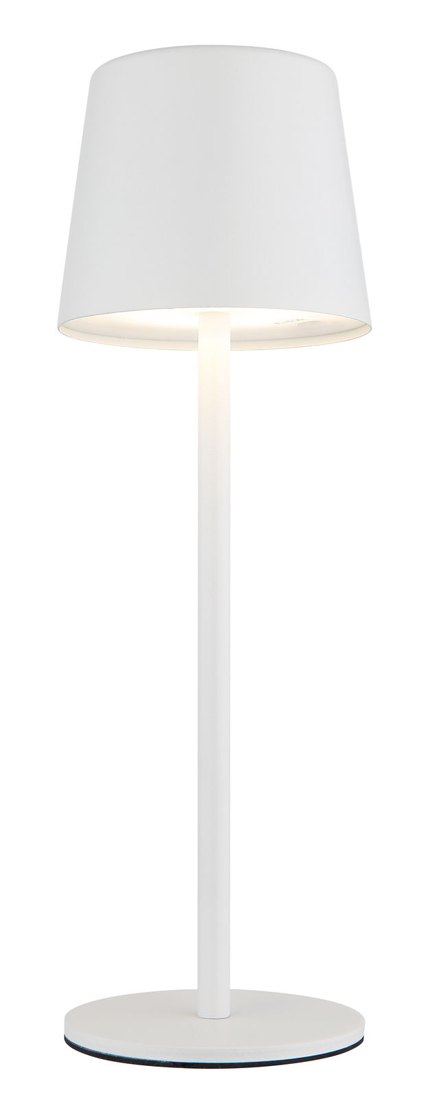 Moderne weiße Tischleuchte mit zylindrischem Schirm, frontal abgebildet.