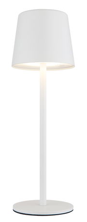 Moderne weiße Tischleuchte mit zylindrischem Schirm, frontal abgebildet.