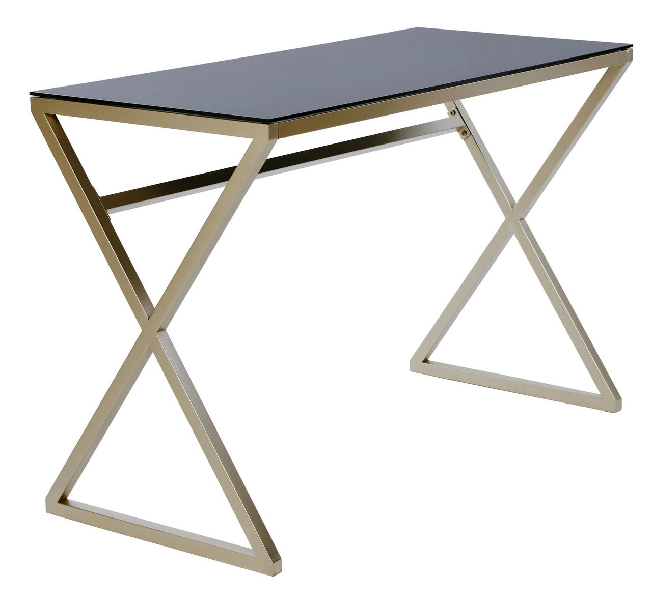 Moderner Schreibtisch mit schwarzer Tischplatte und goldfarbenem, geometrischem Gestell, seitliche Perspektive