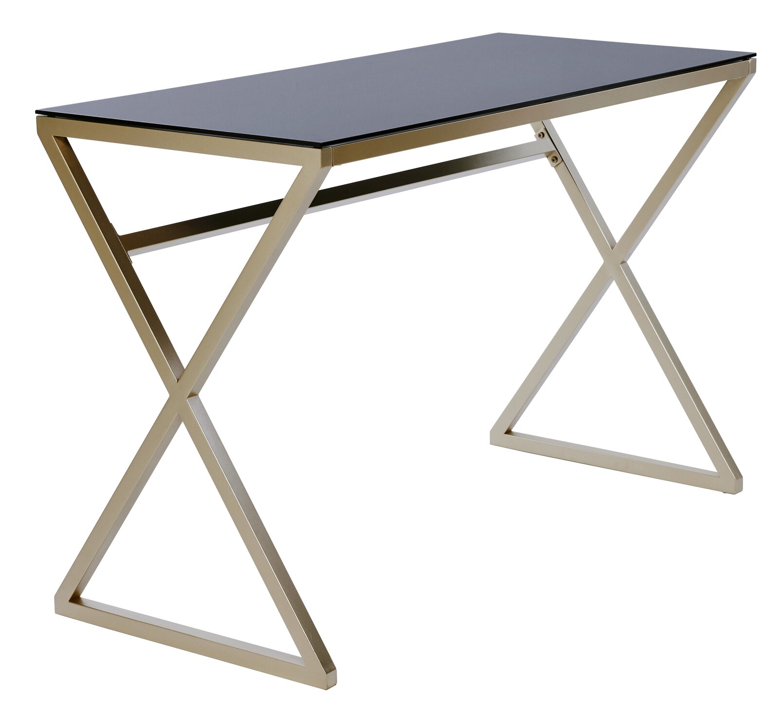 Moderner Schreibtisch mit schwarzer Tischplatte und goldfarbenem, geometrischem Gestell, seitliche Perspektive