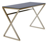 Moderner Schreibtisch mit schwarzer Tischplatte und goldfarbenem, geometrischem Gestell, seitliche Perspektive
