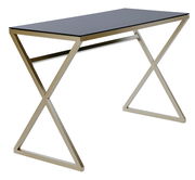 Moderner Schreibtisch mit schwarzer Tischplatte und goldfarbenem, geometrischem Gestell, seitliche Perspektive