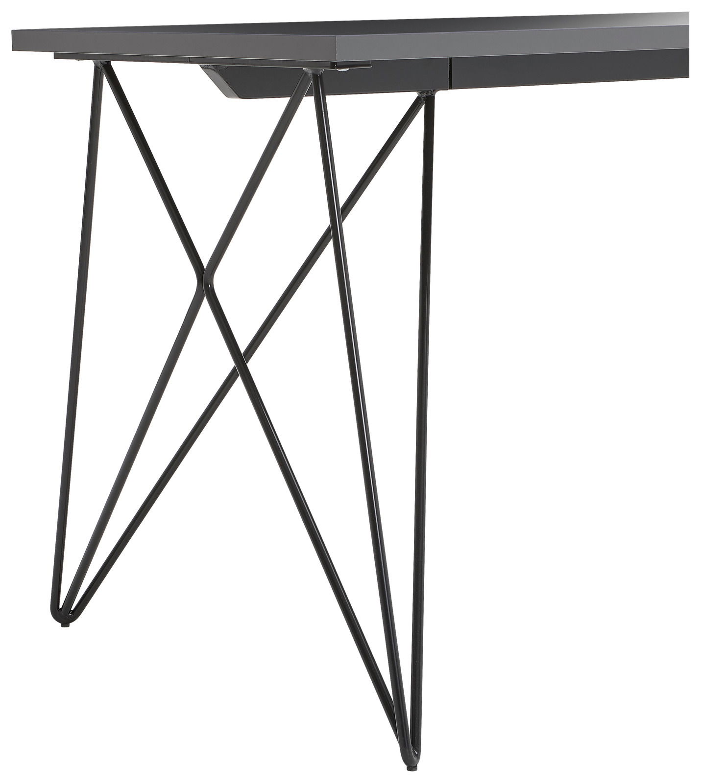 Moderner Schreibtisch mit schlanken Metallbeinen, seitliche Perspektive