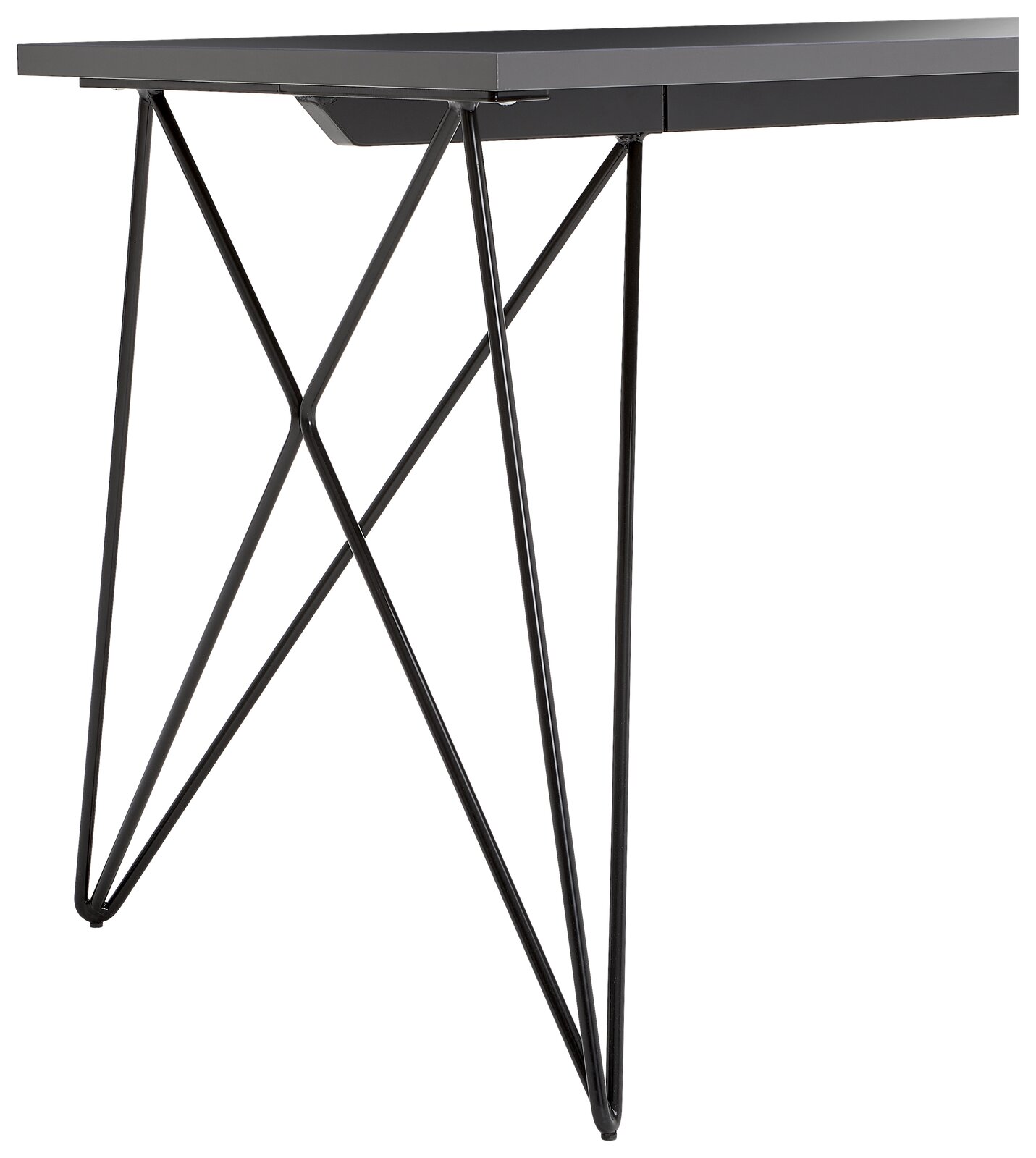 Moderner Schreibtisch mit schlanken Metallbeinen, seitliche Perspektive