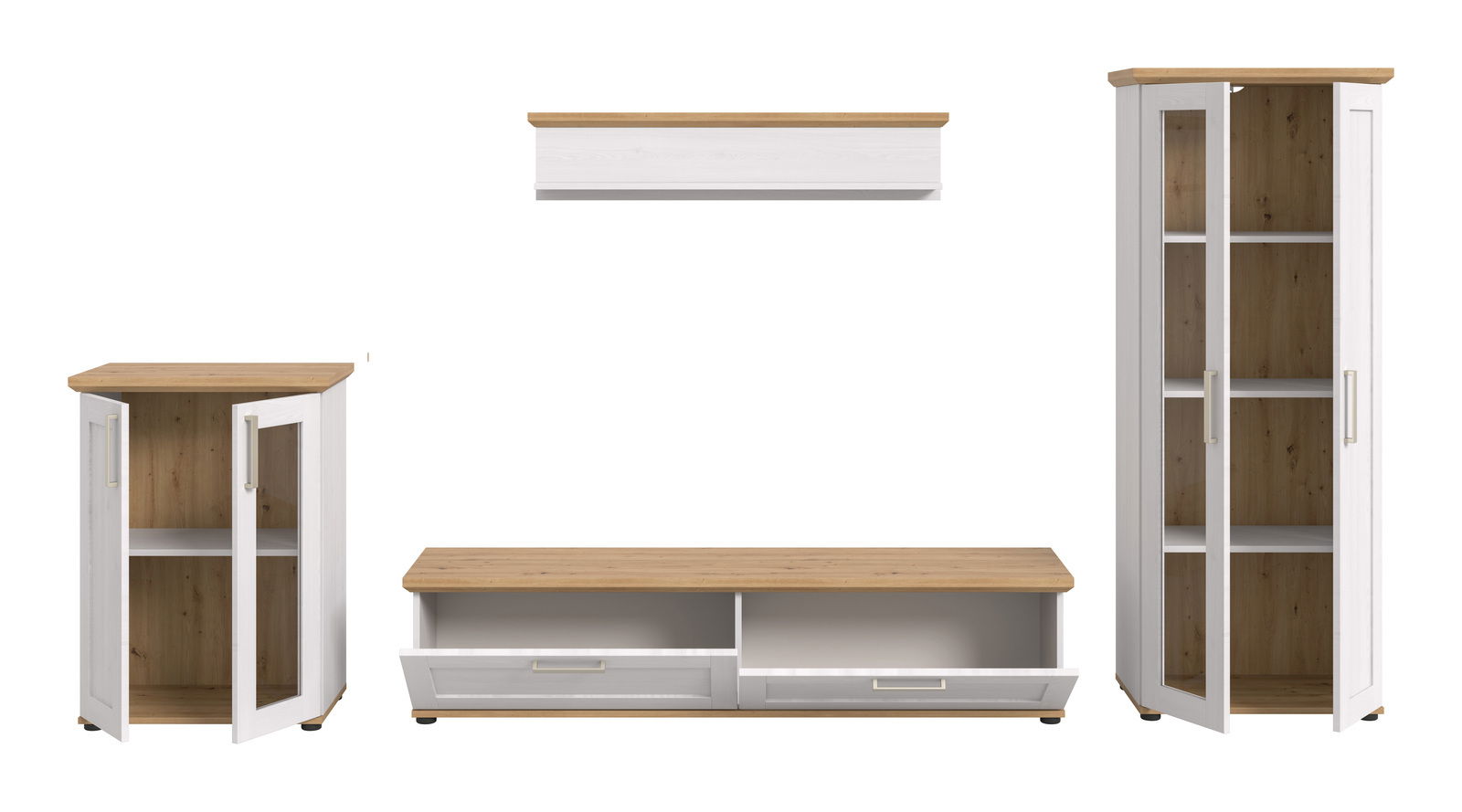 Wohnkombination in Frontansicht mit weißem Korpus und Holzakzenten, bestehend aus einem hohen Schrank, einem TV-Board und einem Wandregal.
