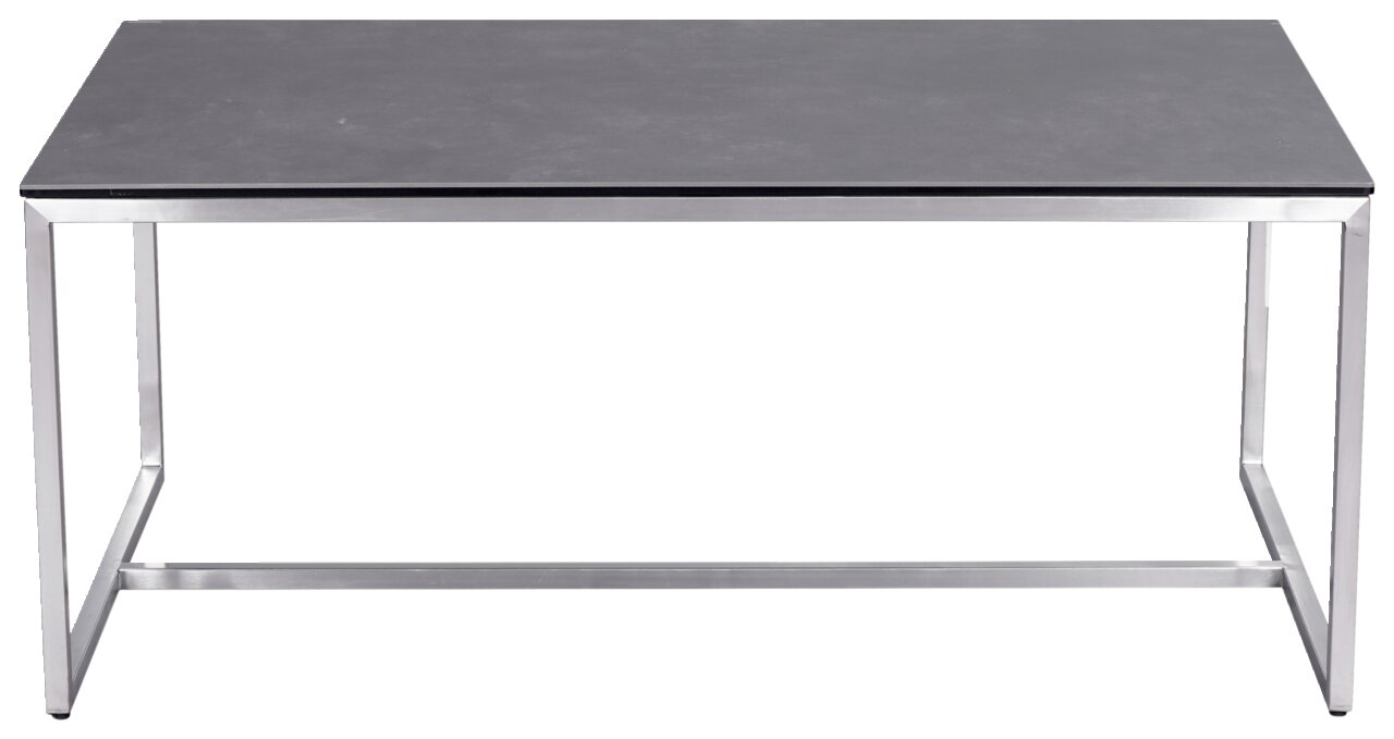 Moderne salontafel met zwart tafelblad en zilverkleurig metalen onderstel, vooraanzicht